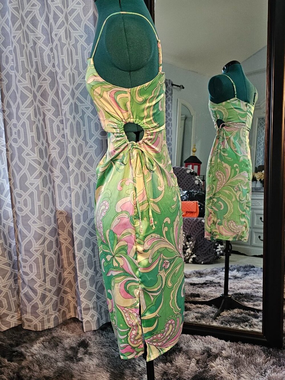 Christian Lacroix Green & Pink Paisley Print Satin Cut‑Out Midi Dress, Size XS - Picture 2 of 7